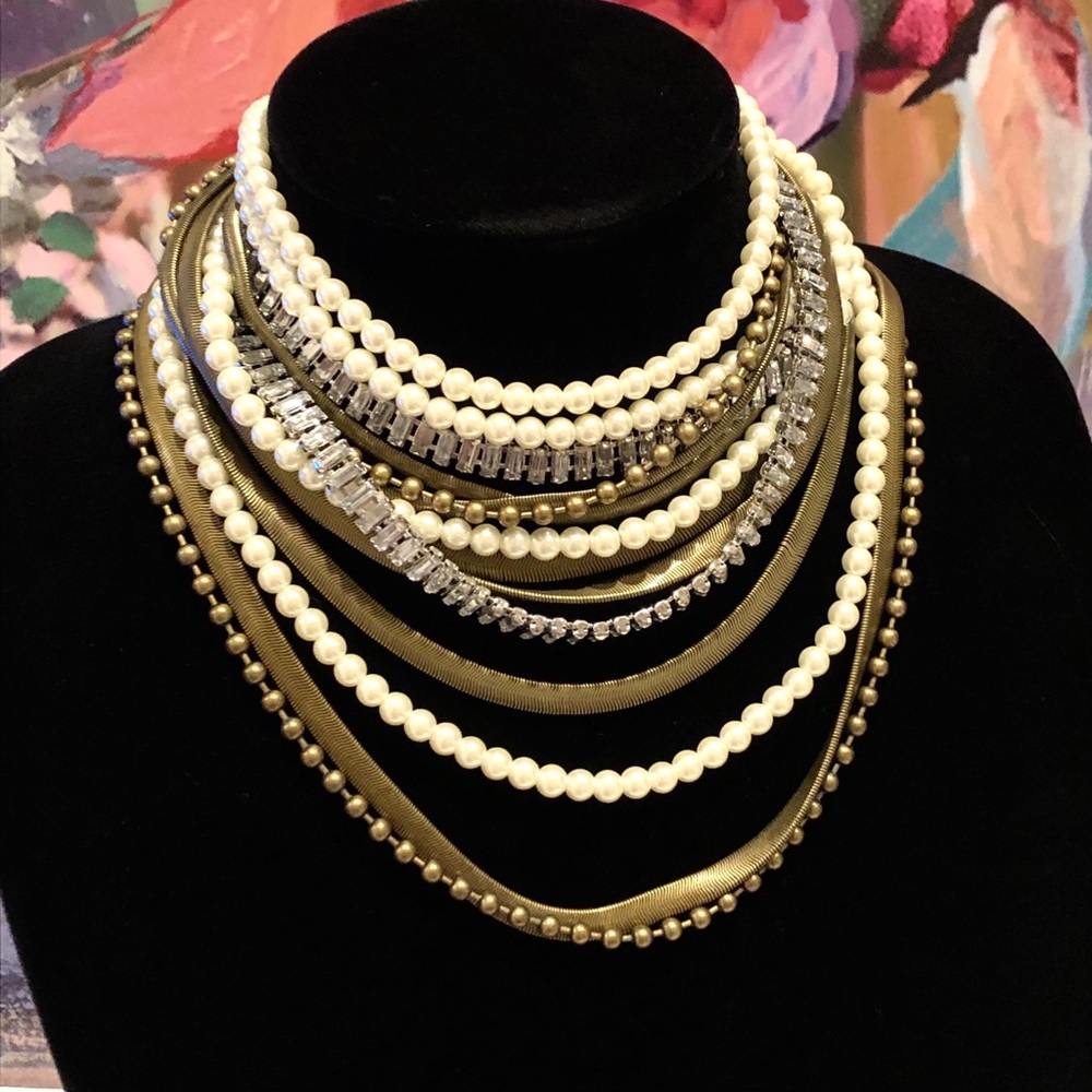 CHICO’s Lux Brass, Pearl & Channel-set Crystal Layered Statement Necklace NWT - Picture 5 of 9
